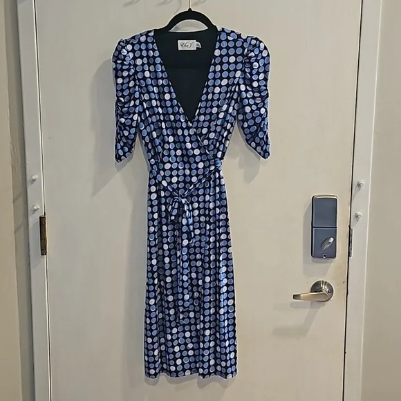 Eliza J Blue Polka Dot Faux Wrap Dress 0 like new - Picture 3 of 8